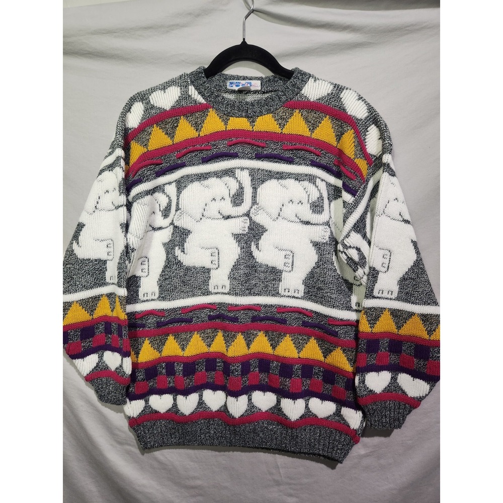 80's ROSE Acrylic Dancing Elephants & Hearts‎ Chunky Knit Acrylic Sweater Medium